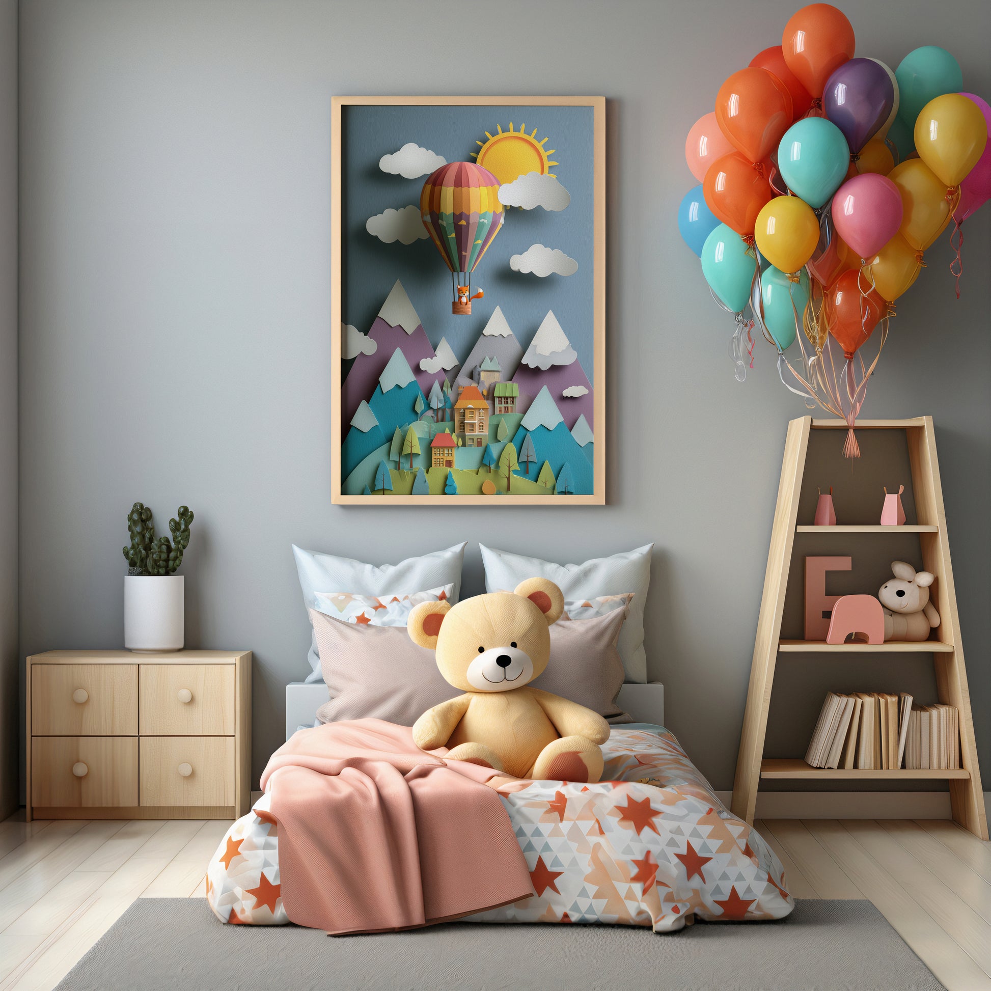 Colorful hot air balloon nursery wall art print with layered mountain landscape illustration.
