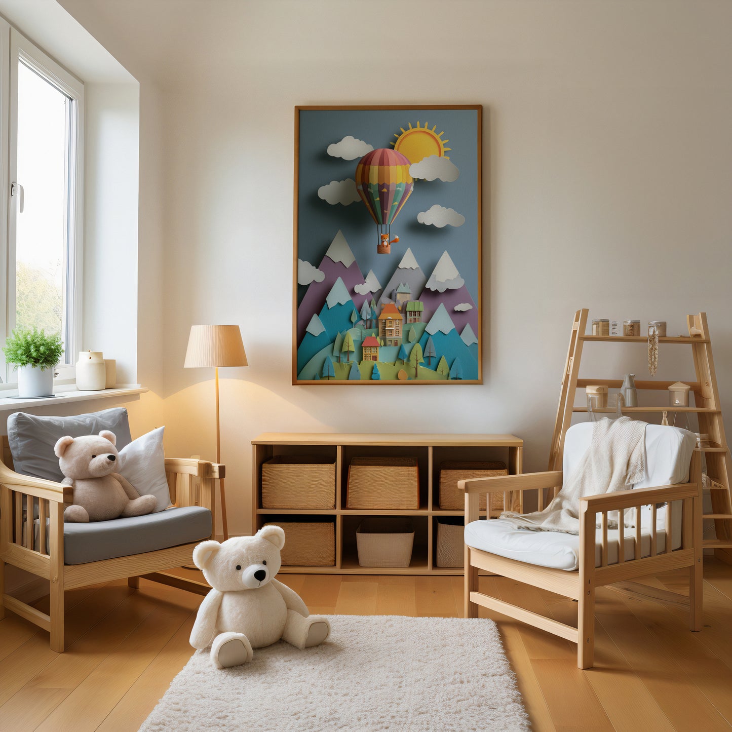 Colorful hot air balloon nursery wall art print with layered paper-cut mountains and village illustration displayed in wooden frame.