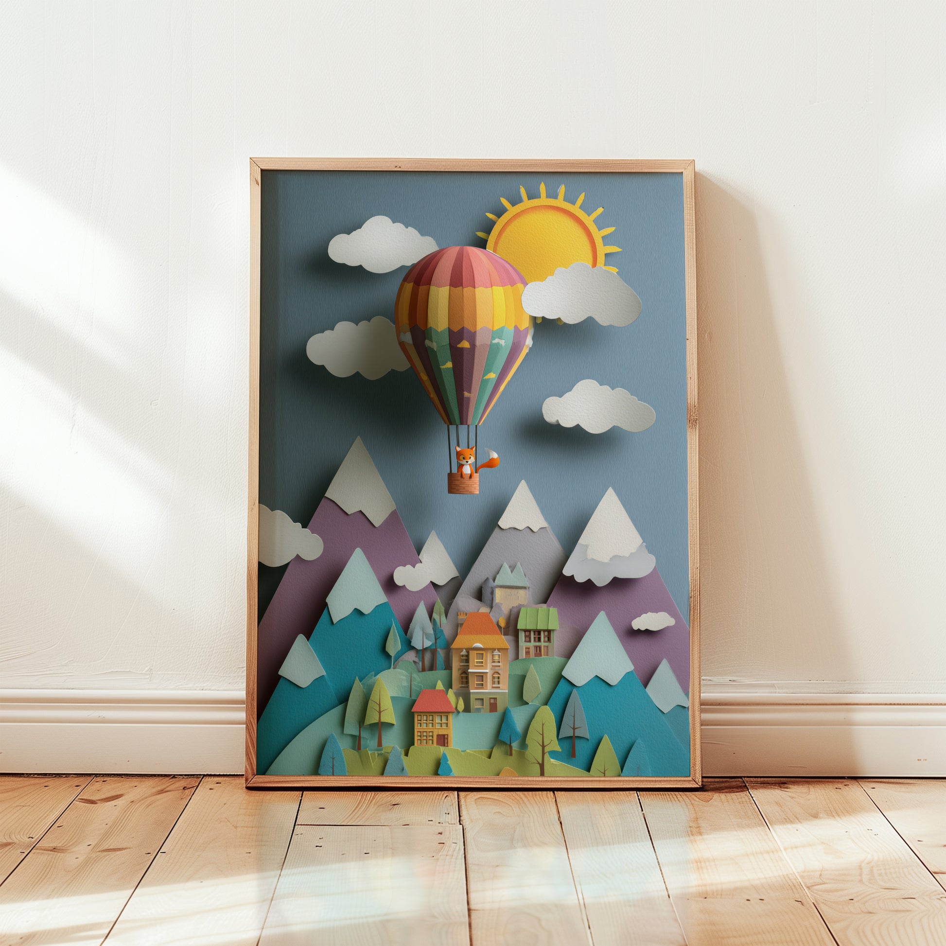 Colorful hot air balloon nursery wall art print featuring layered paper-cut mountains and village illustration displayed in wooden frame.