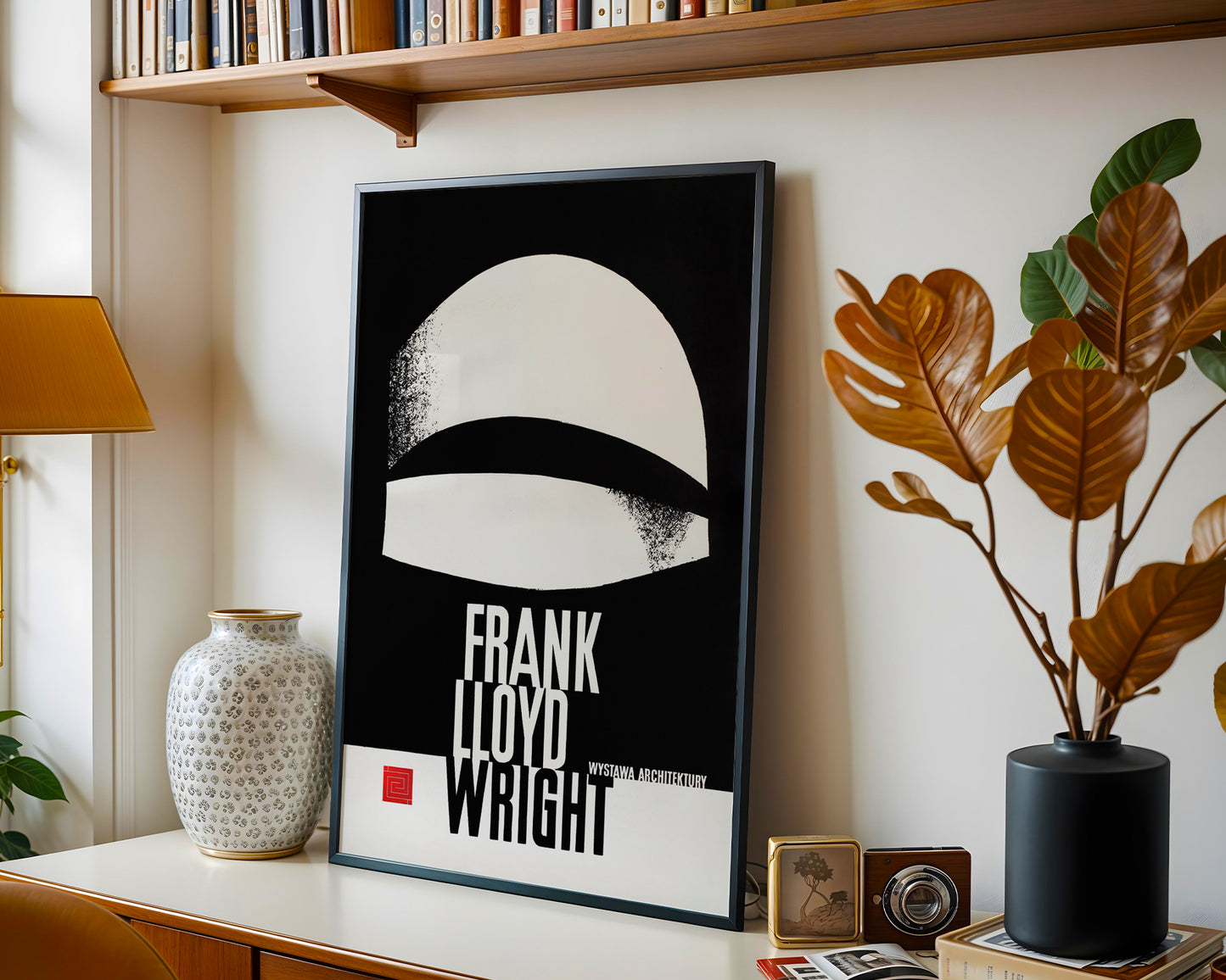 Modernist architecture-inspired poster with bold black background, abstract white curved form, and strong vertical typography.