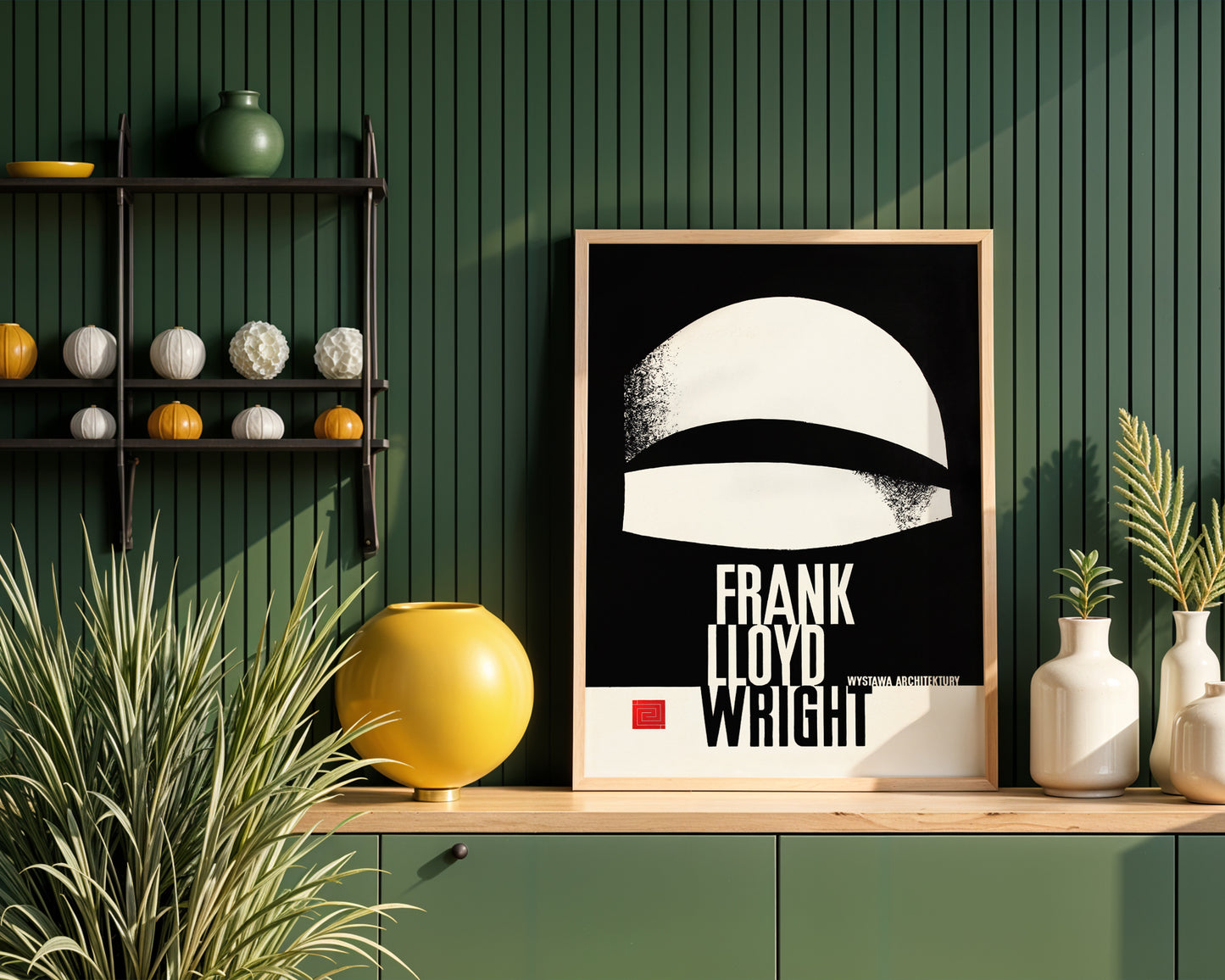 art print Minimal modern architecture wall art print with abstract dome silhouette in black and white design. on a wooden shelf against a green wall with decorative items.