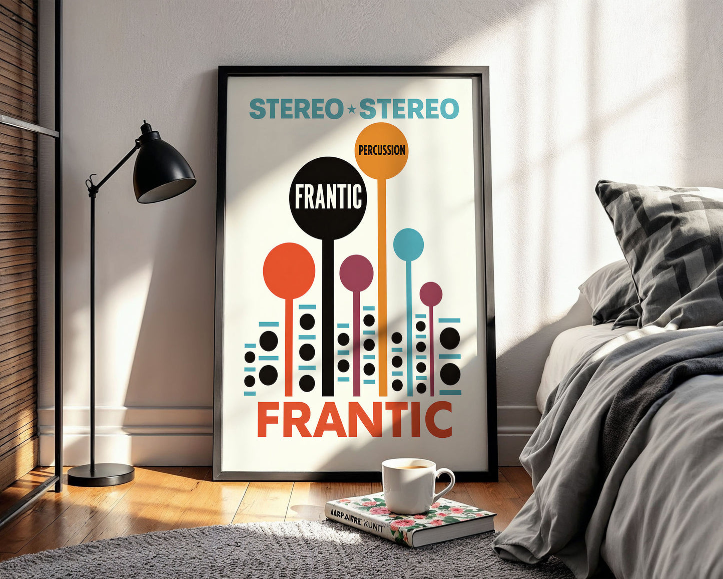 Framed poster with 'Stereo Stereo' and 'Frantic' design in a bedroom setting.