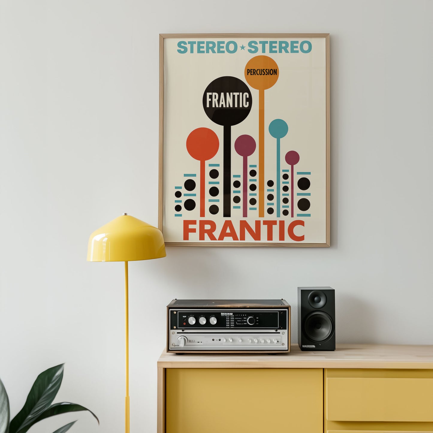Mid-century inspired art poster styled above sofa in modern home decor setting