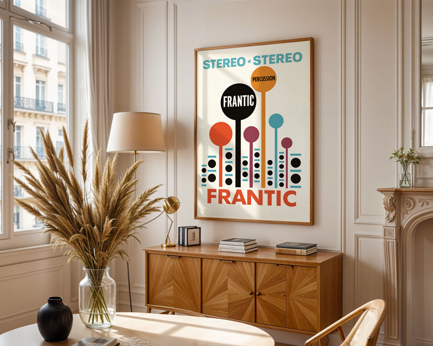 Framed mid-century style wall art print styled against minimalist interior wall