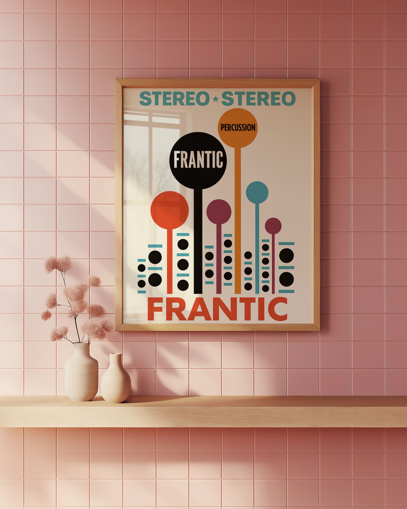 Framed poster with 'Frantic' design on a pink tiled wall.