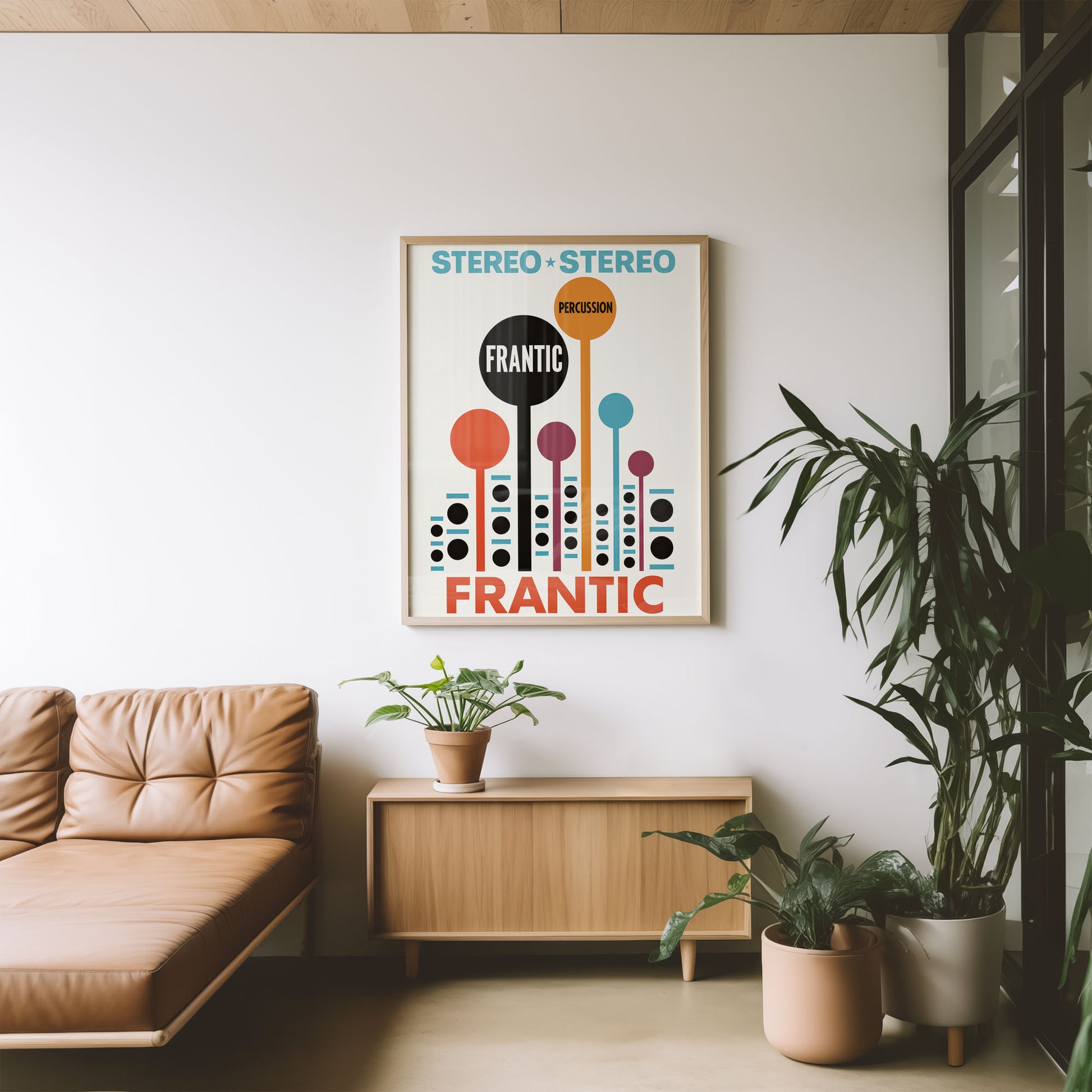 Mid-century modern poster styled in clean Scandinavian inspired living space