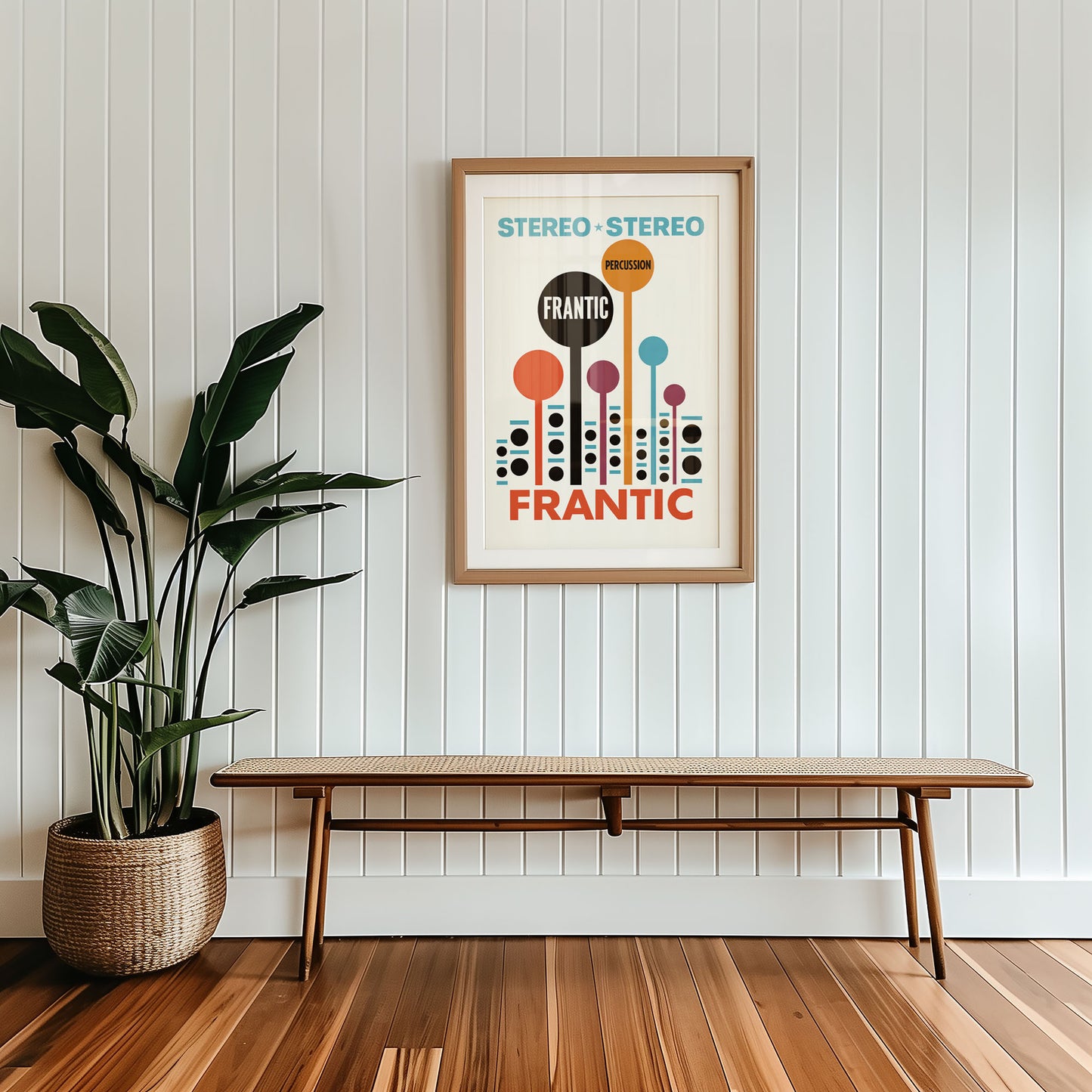 Colourful mid-century style poster adding bold accent to modern home interior