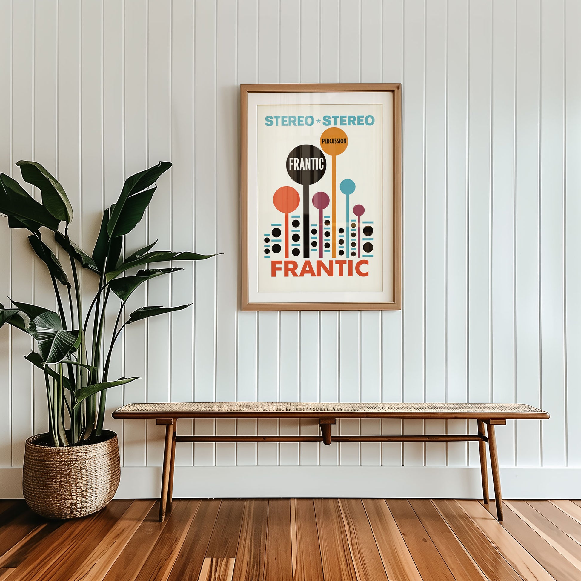 Colourful mid-century style poster adding bold accent to modern home interior