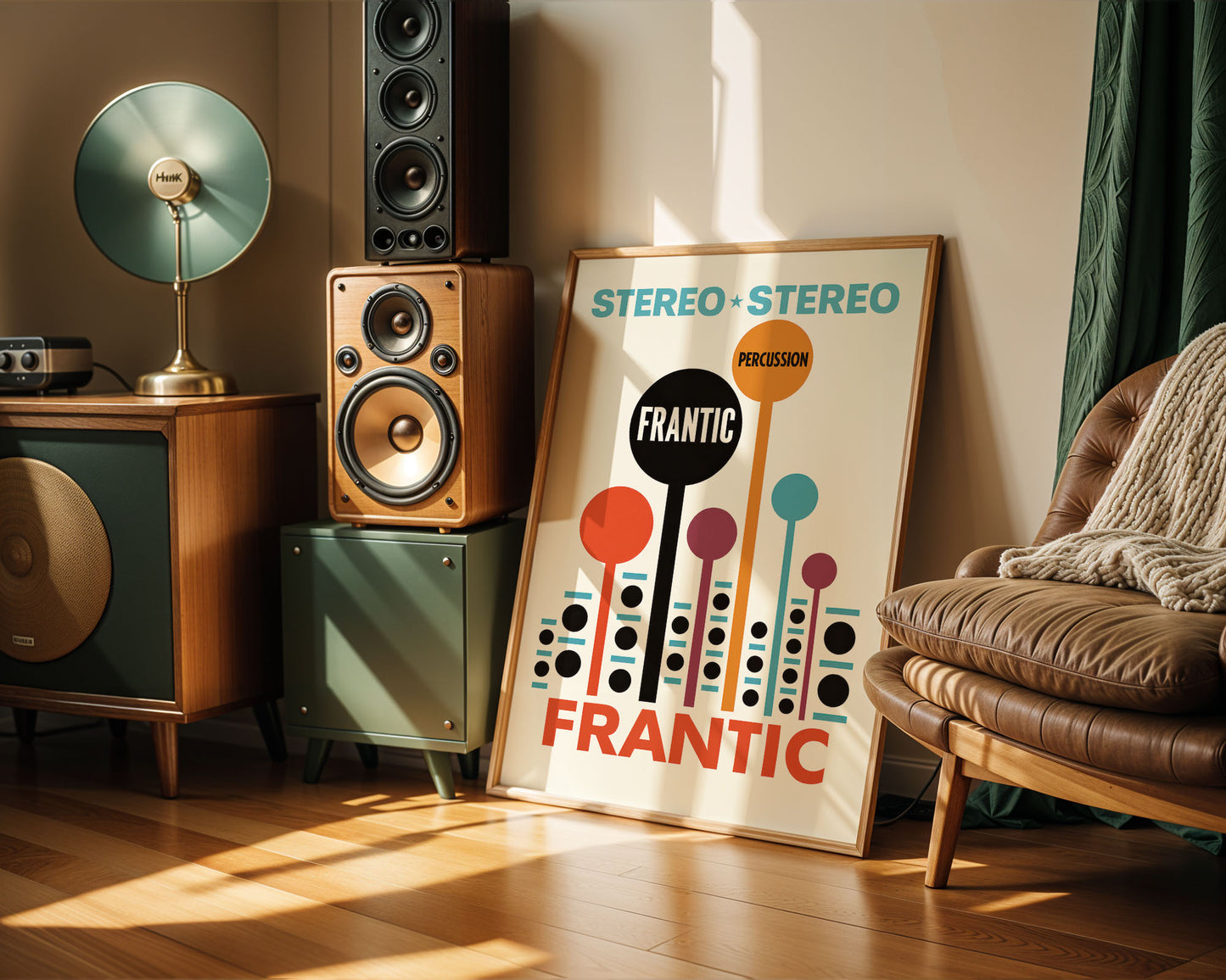 Room interior with vintage speakers, a lamp, and a 'Frantic' poster on a wall.