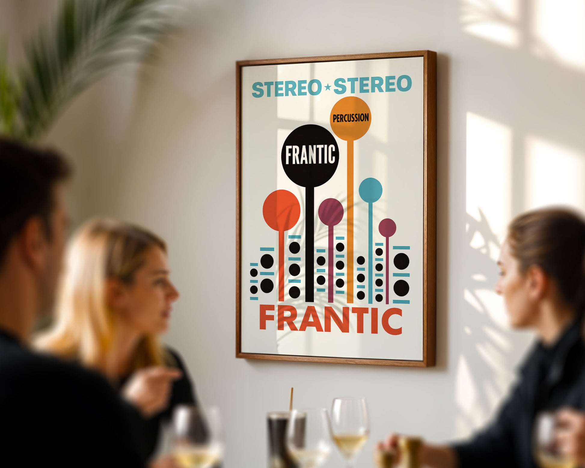 Framed poster with 'Stereo Stereo' and 'Frantic' text in a modern interior setting.