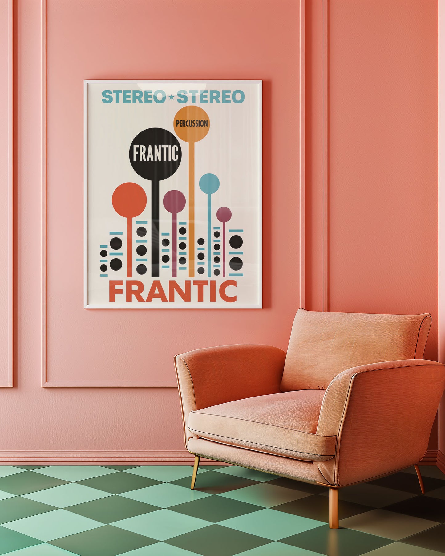 Mid-century modern wall art print featured in neutral interior design space