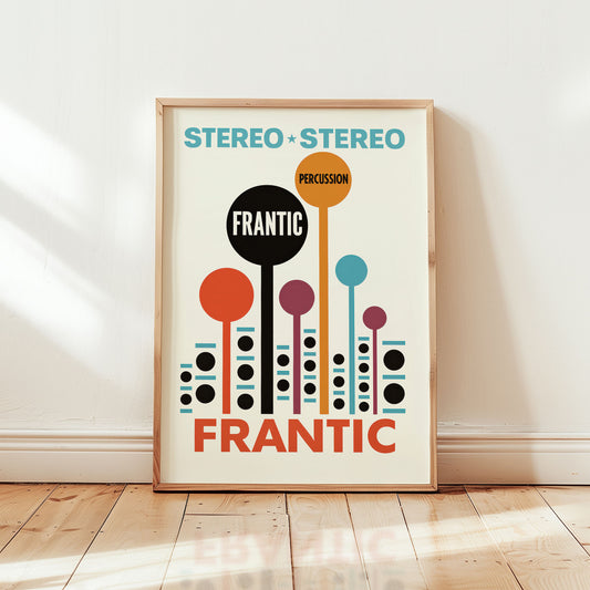Retro percussion wall art poster with bold mid-century modern typography and colourful graphic design from Wallgarde
