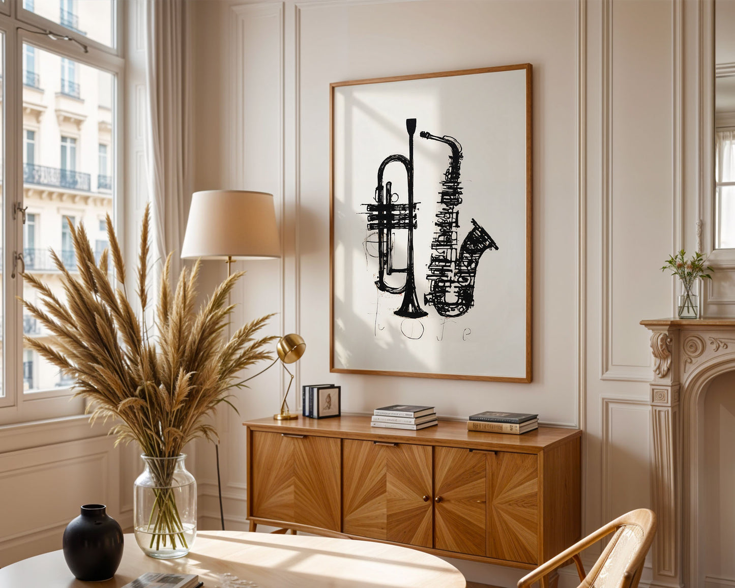 Living room with wooden cabinet, vase of pampas grass, and framed artwork of a trumpet and saxophone.