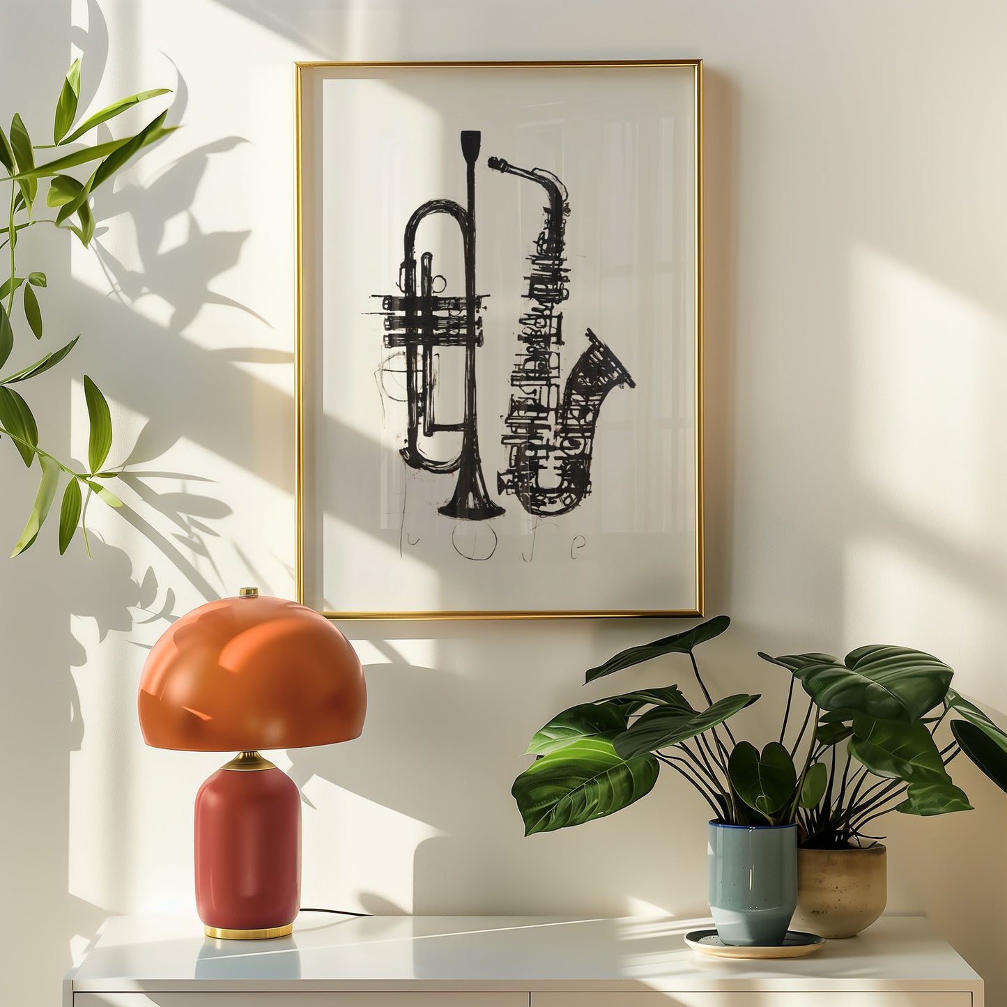 Framed artwork of a trumpet and saxophone on a wall with a lamp and plants below.
