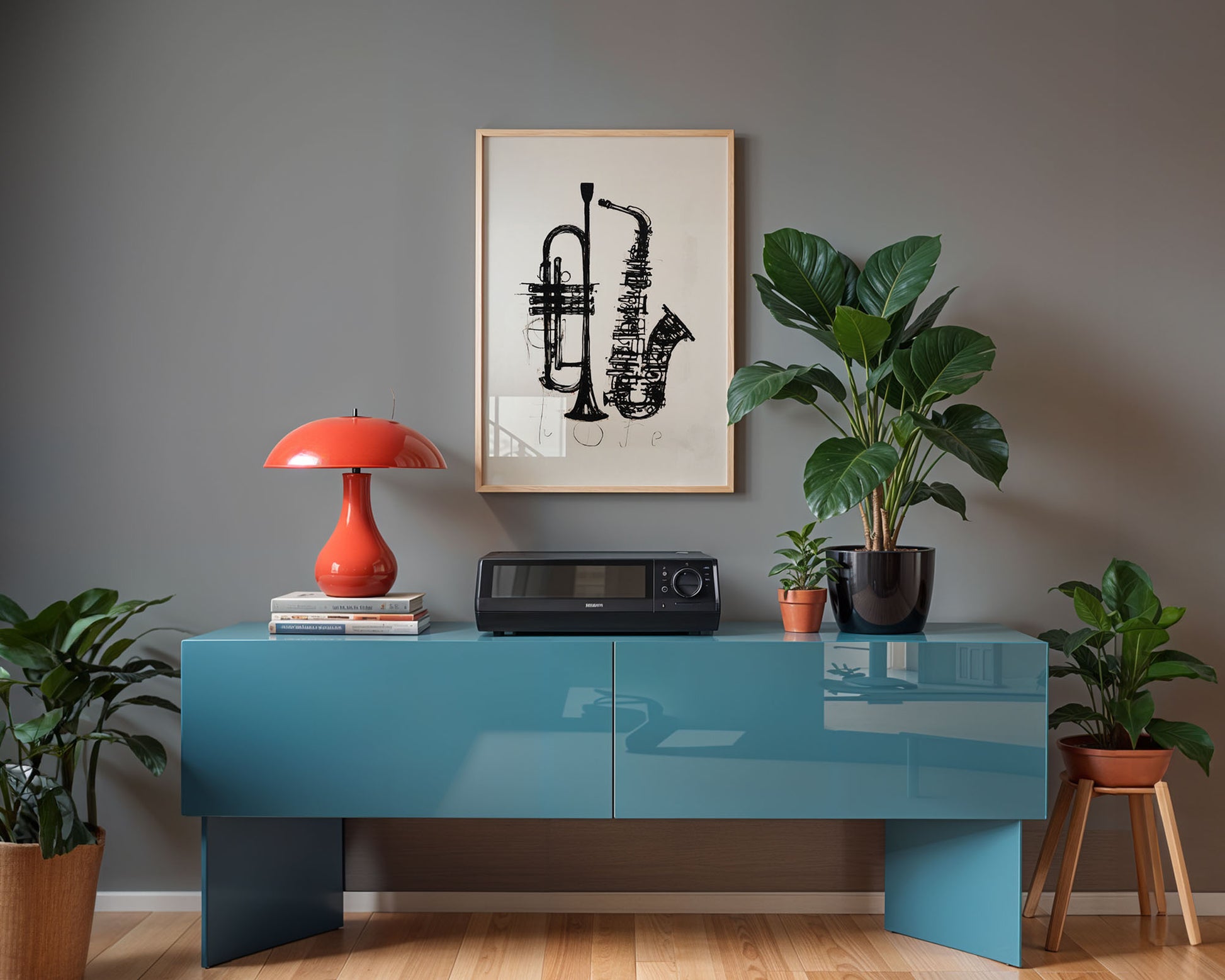 Modern interior with a blue console table, red lamp, and framed artwork on a gray wall.