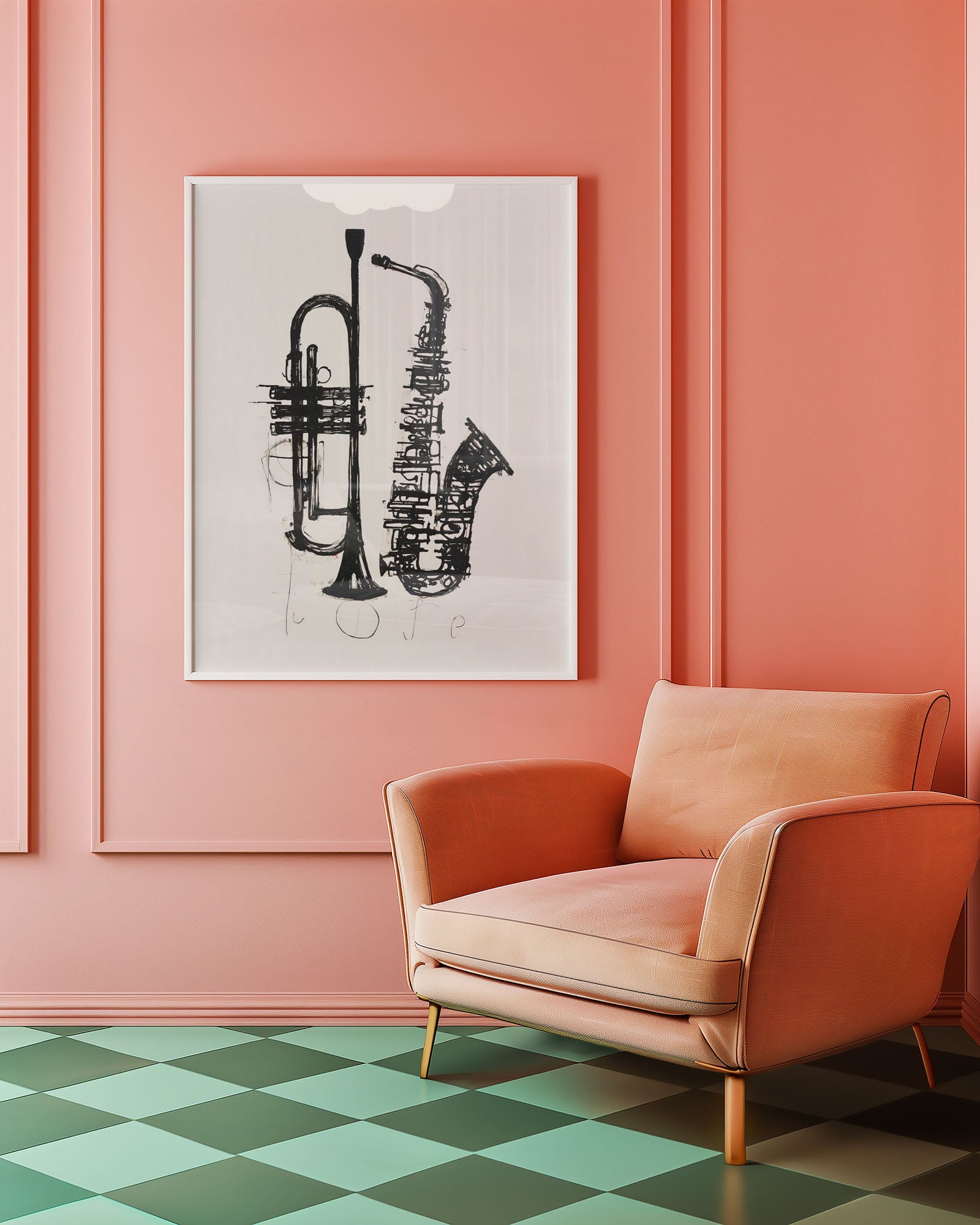 Pink armchair in a room with a pink wall and a framed artwork of a saxophone and trumpet.