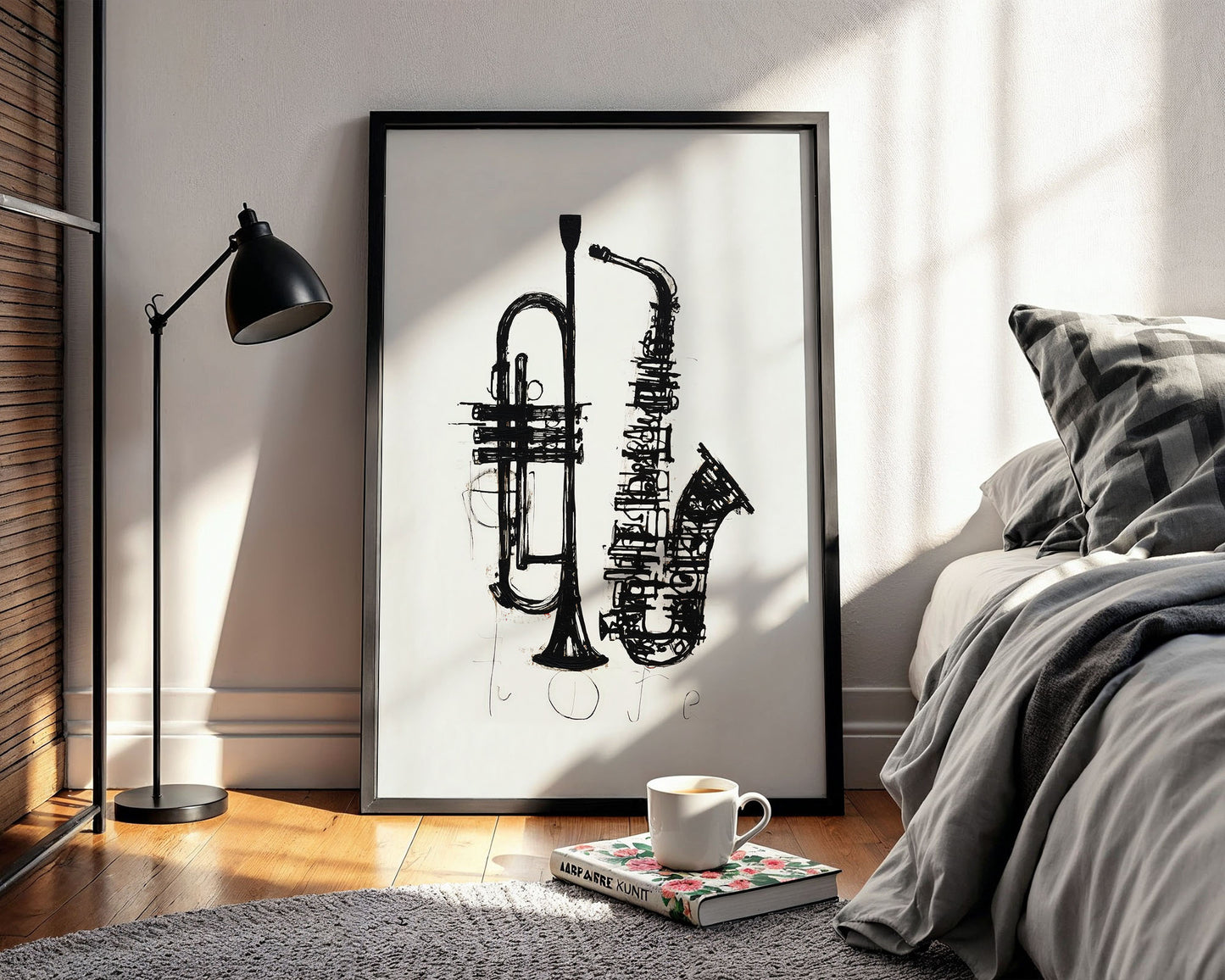 Framed artwork of a trumpet and saxophone in a bedroom setting with a lamp and bed.