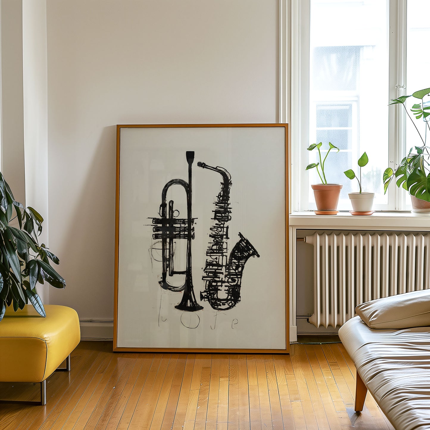 Framed artwork of a trumpet and saxophone on a wall in a room with plants and a radiator.