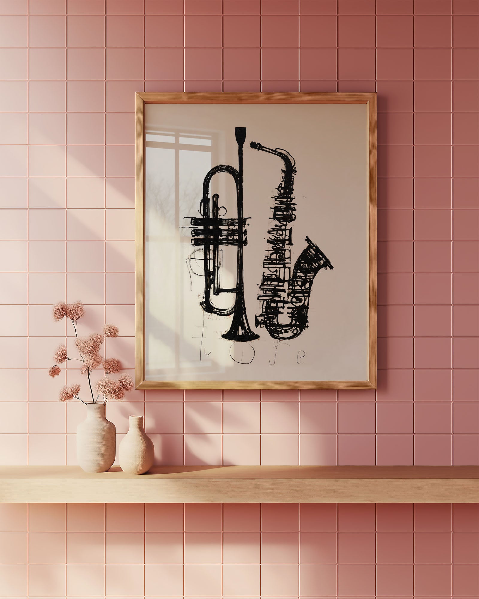 Framed artwork of a black saxophone and trumpet on a pink tiled wall.