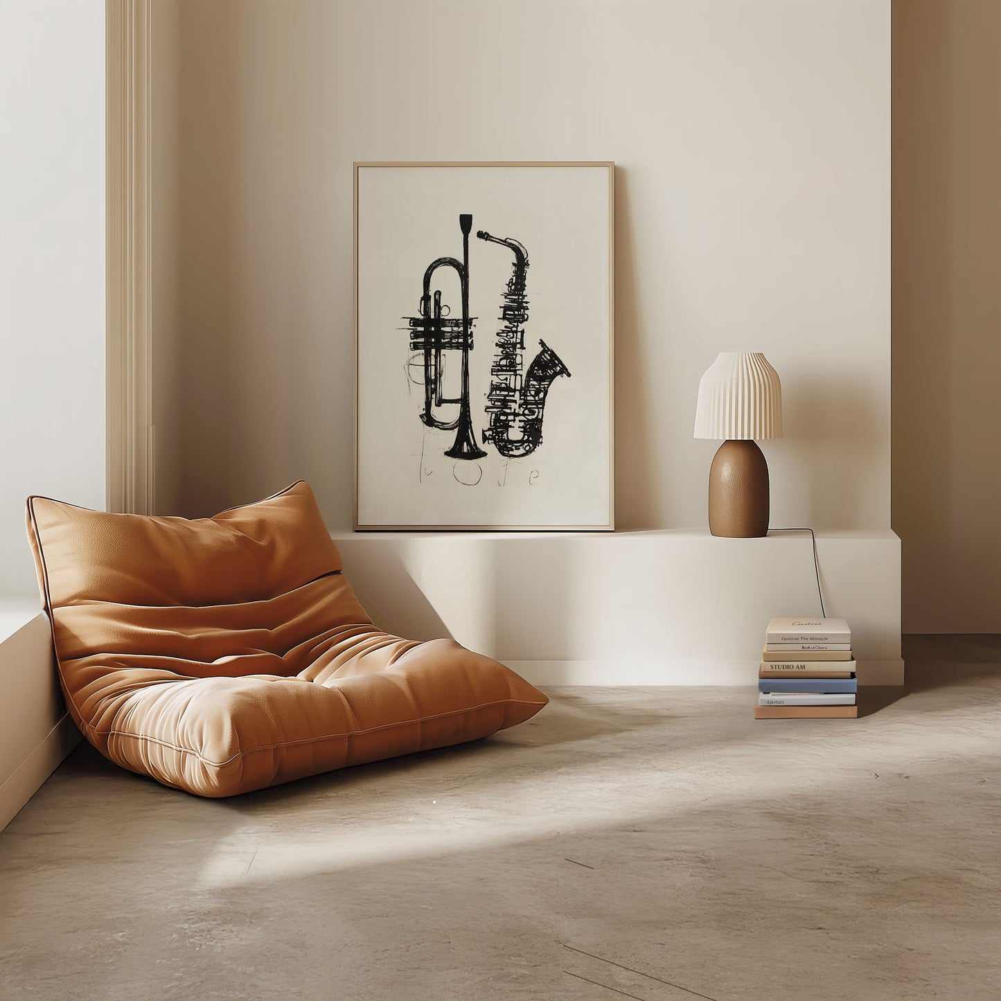 Modern interior with a brown cushion, lamp, and framed artwork of musical instruments.
