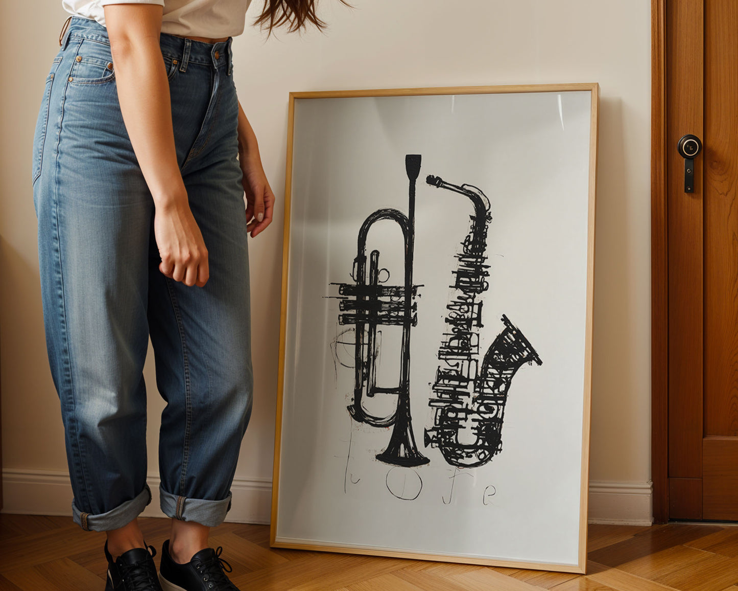 Person standing next to a framed artwork of a trumpet and saxophone on a wall.