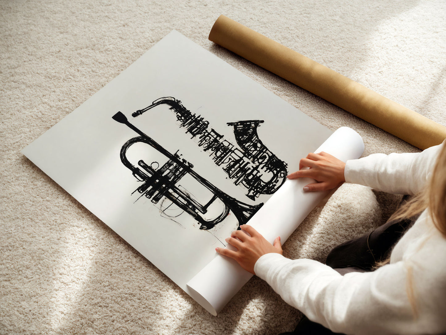 Person unrolling a poster with a black and white illustration of a trumpet on a beige carpet.