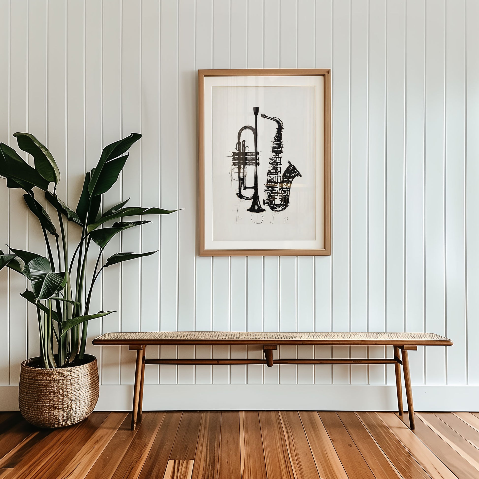 Framed mid-century style wall art print styled against minimalist interior wall