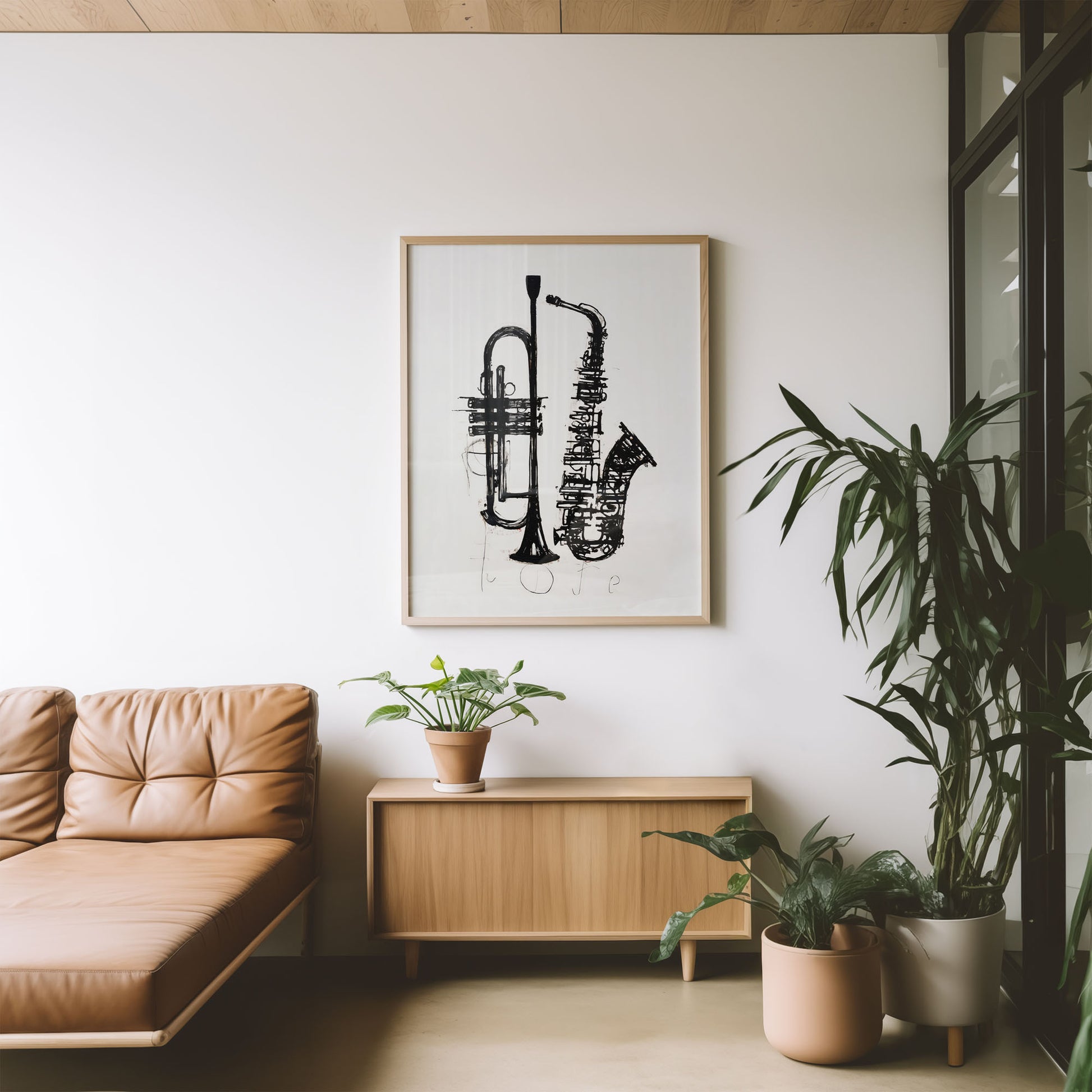 Trumpet and saxophone jazz print with expressive black line art on white background
