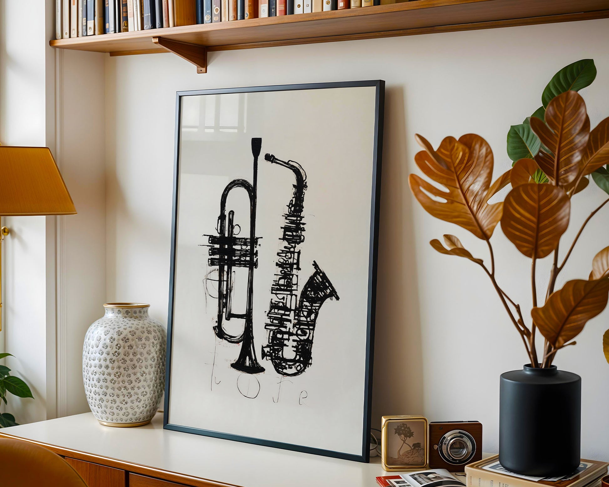 Framed artwork of a trumpet and saxophone on a shelf with decorative items.
