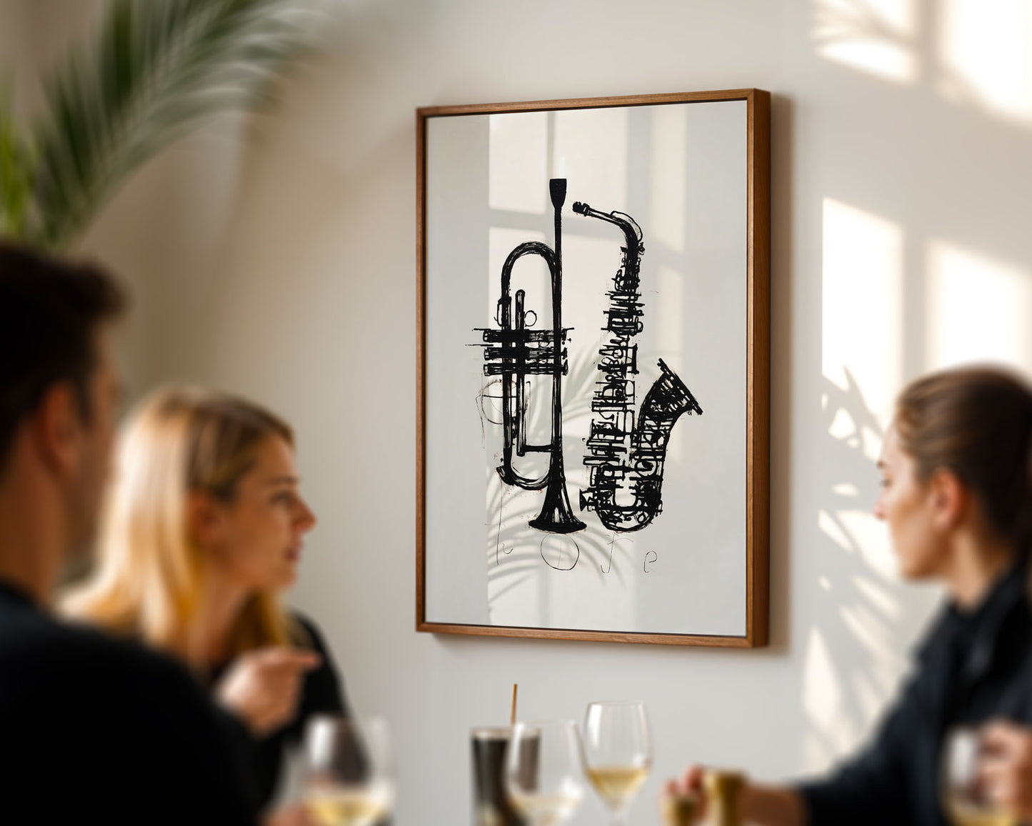 Framed artwork of a trumpet and saxophone on a wall with people in the foreground.