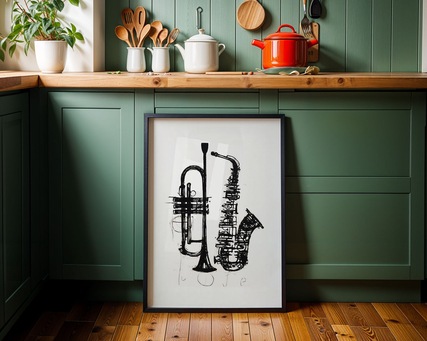 Framed artwork of a trumpet and saxophone on a kitchen counter with green cabinets and wooden floor.