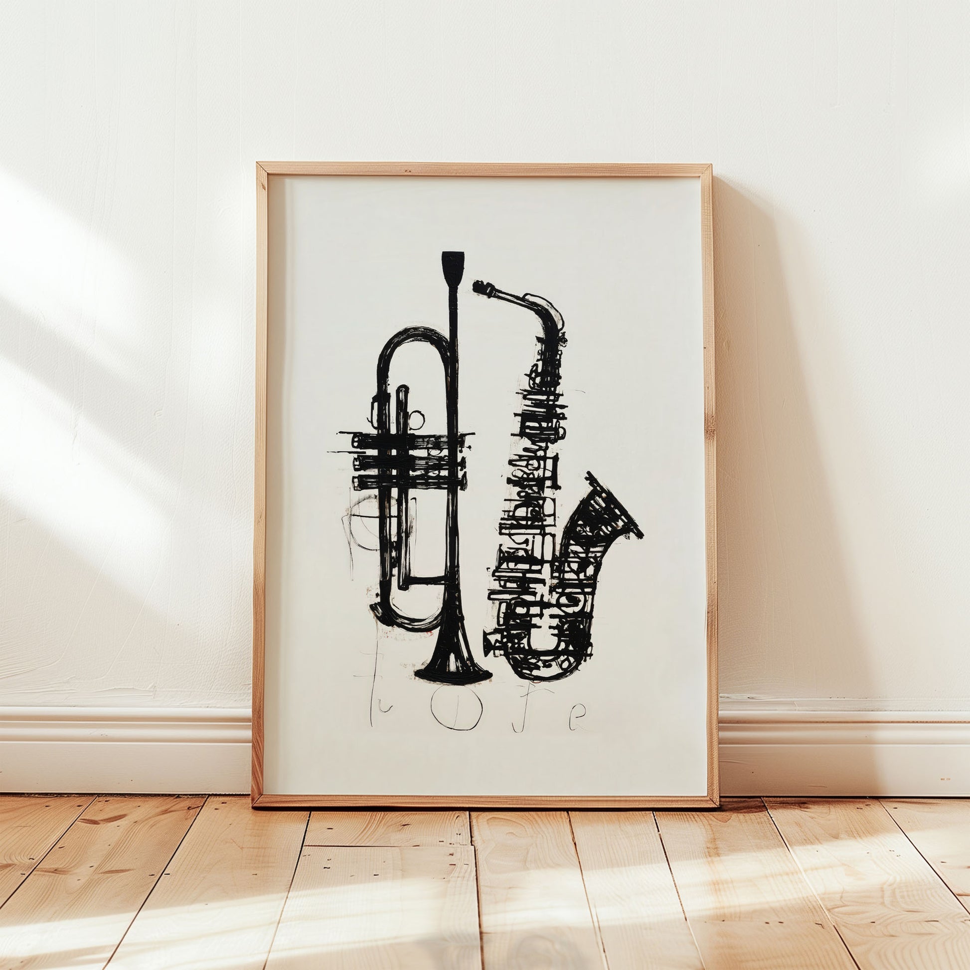 Minimalist jazz wall art featuring abstract black ink trumpet and saxophone illustration in modern monochrome style
