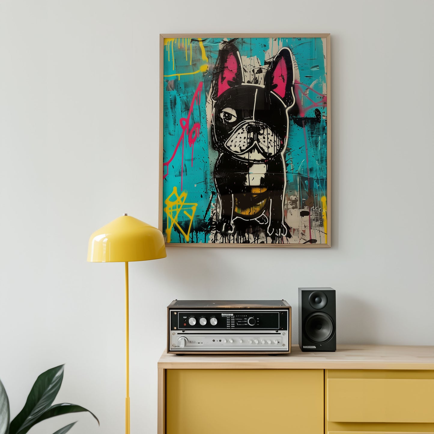 maximalist street art print of a french bulldog, in a cool stylish living room.