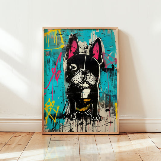 French bulldog Graffiti street art print, neo-expressionist stencil style black frenchie with pink ears on cyan graffiti background with yellow and pink drips