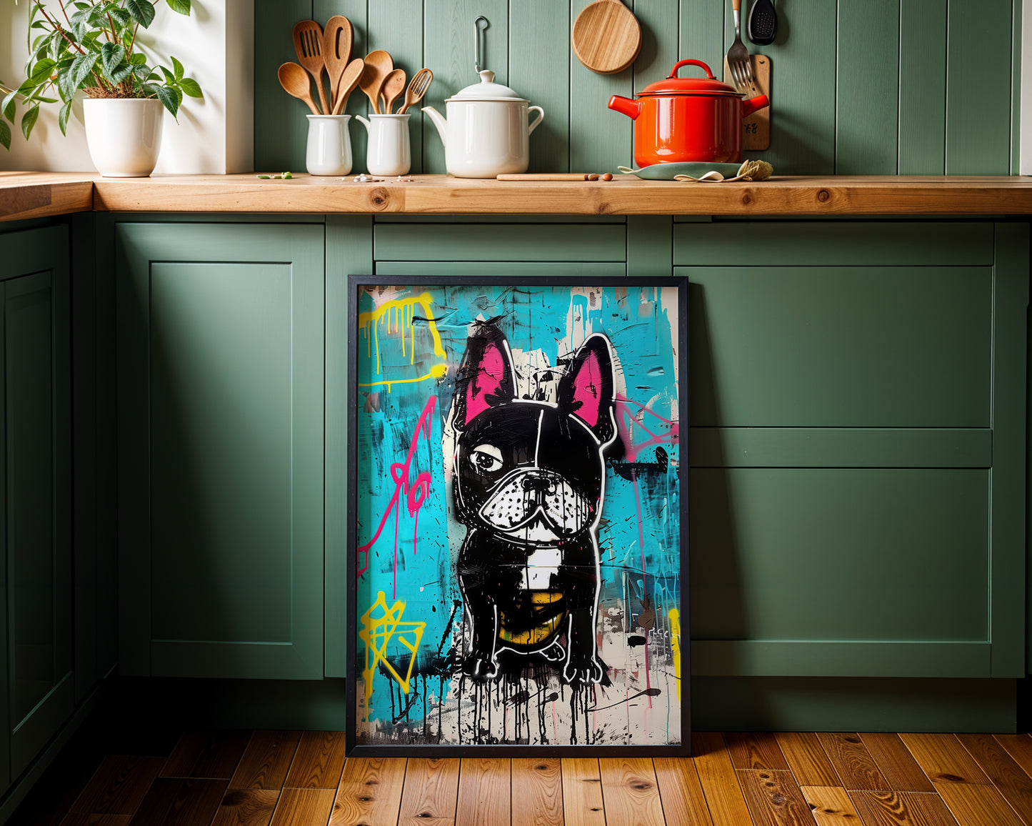 Banksy style dog print on a kitchen wall with green cabinets and wooden countertop.
