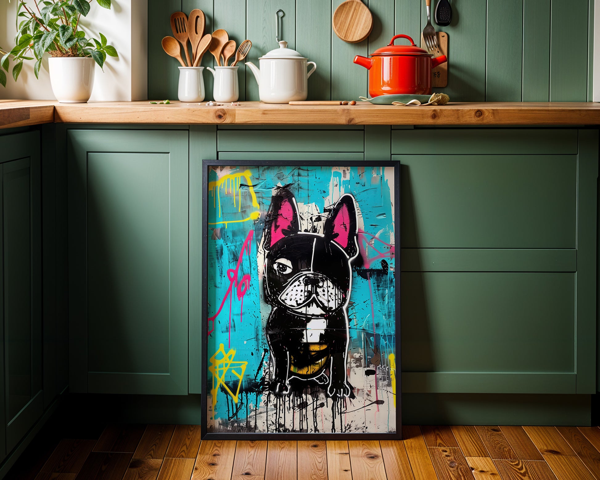 Banksy style dog print on a kitchen wall with green cabinets and wooden countertop.