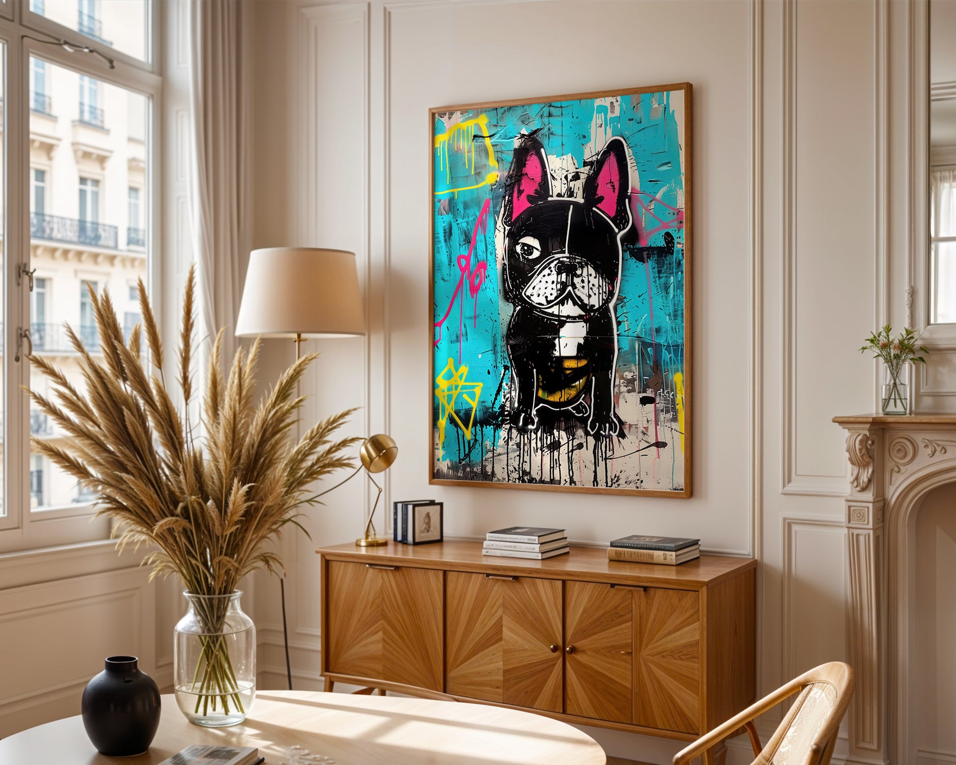 Modern Parisian style living room with a wooden cabinet, decorative vase, and colorful Banksy style dog print  on the wall.