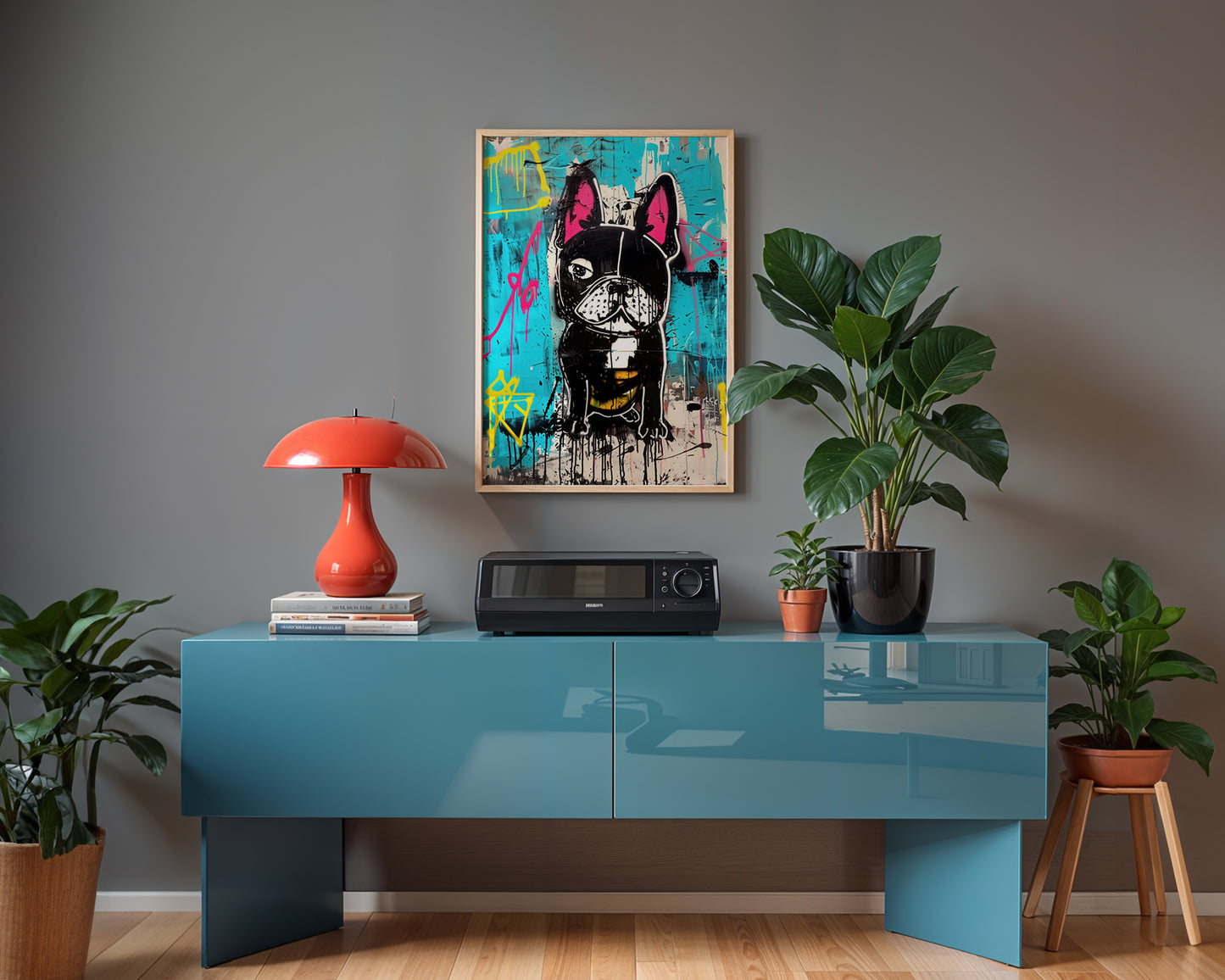 Modern expressive home decor interior with a blue hi-fi table, red lamp, and colorful  Banksy style dog artwork on a gray wall.