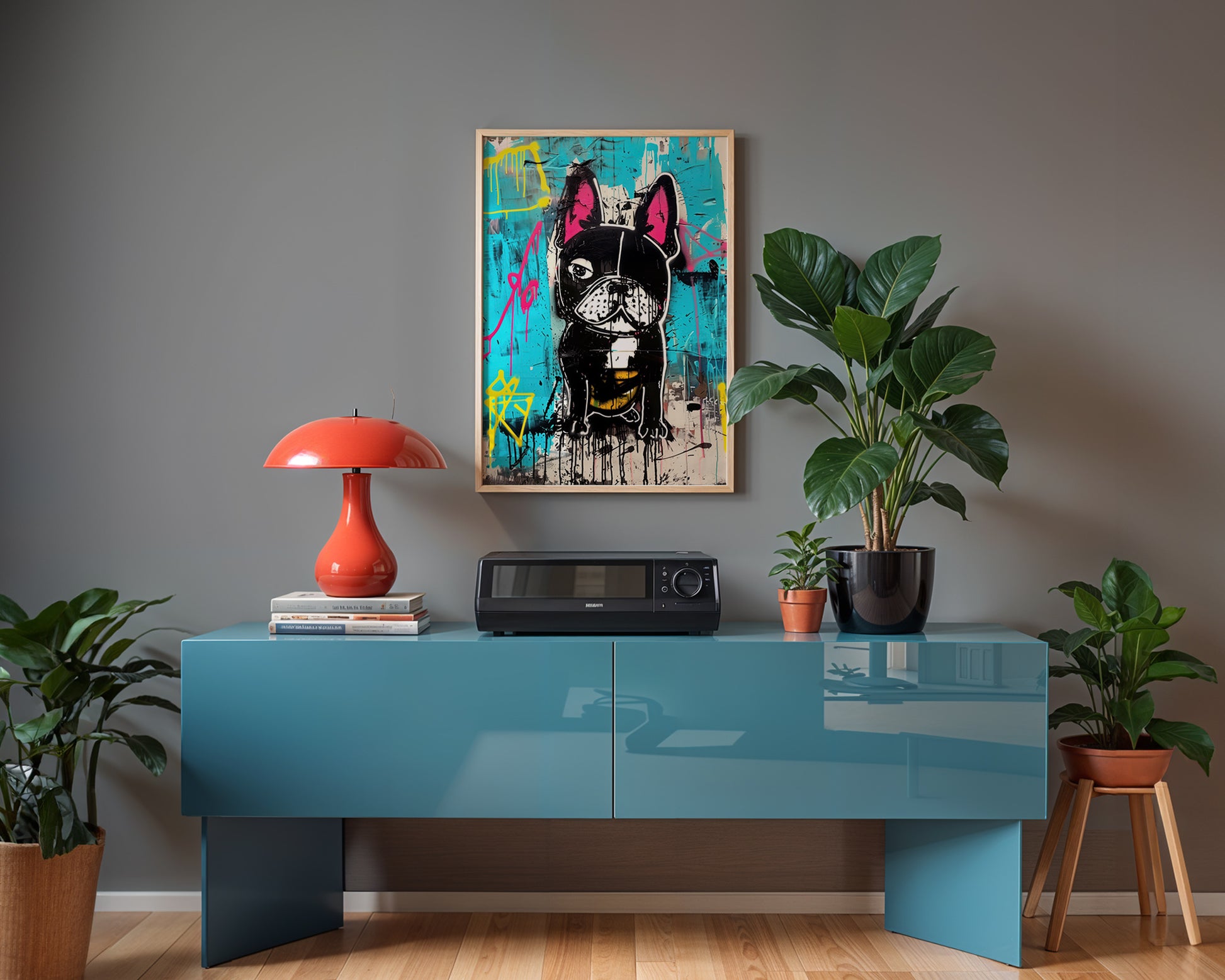 Modern expressive home decor interior with a blue hi-fi table, red lamp, and colorful  Banksy style dog artwork on a gray wall.