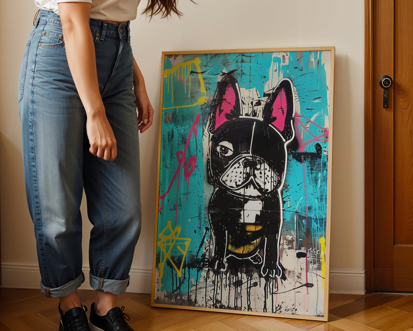 Person standing next to a colorful abstract painting of a dog on a wall.eclectic home decor interior. 