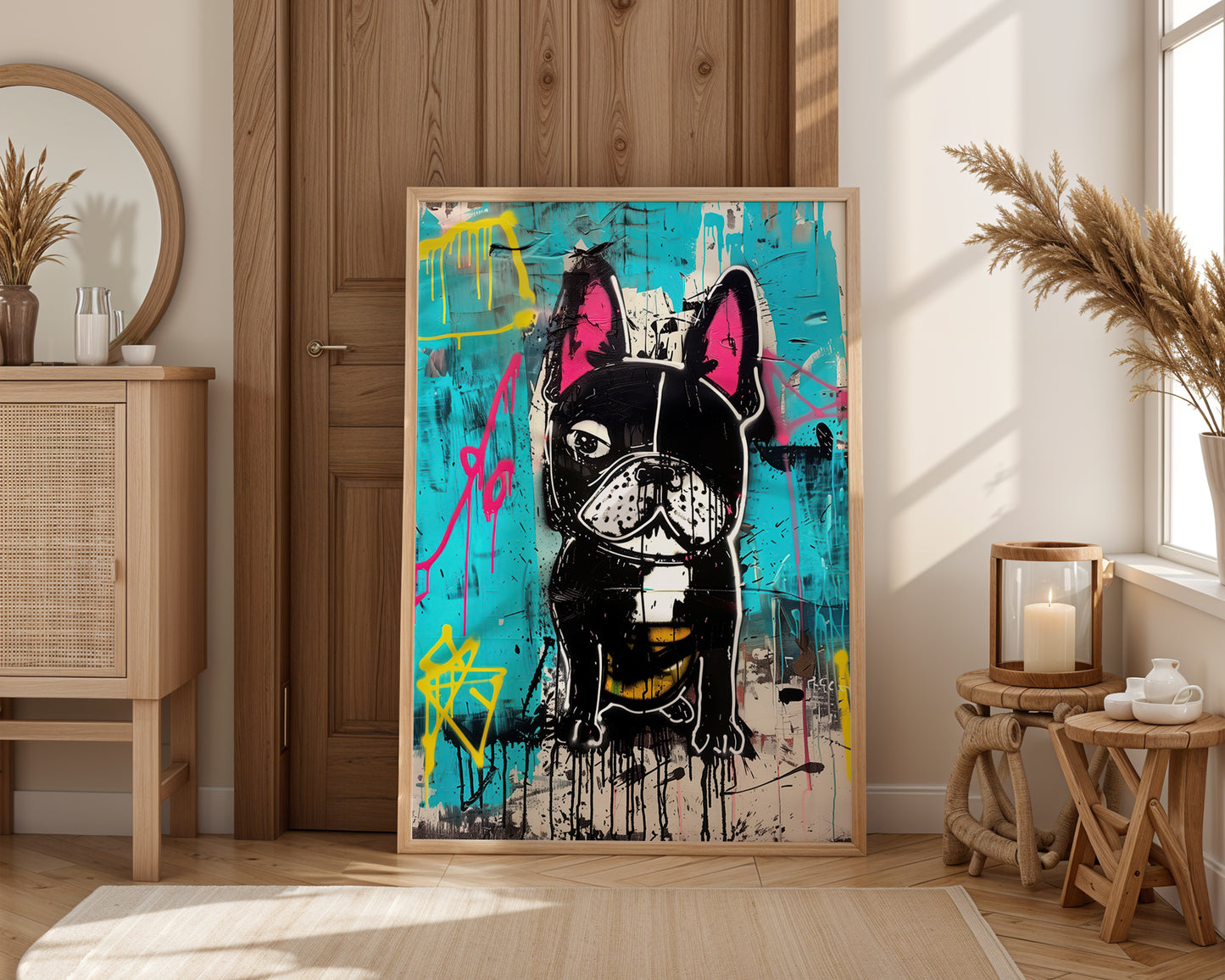 Colorful bedroom wall art painting of a dog in a modern interior setting with wooden furniture.