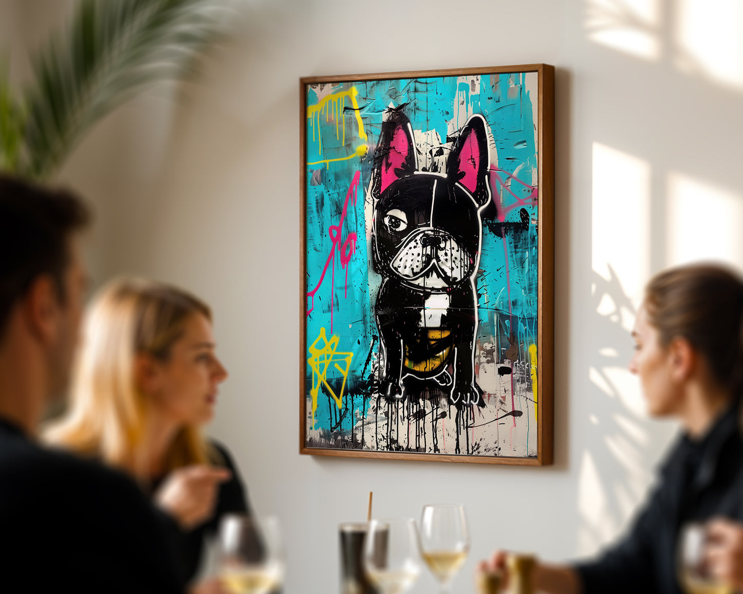 Colorful abstract painting of a dog on a wall with people in the foreground in a eclectic home decor interior.