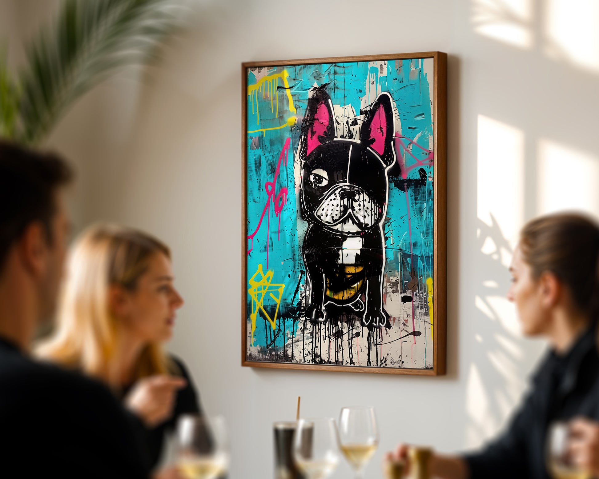 Colorful abstract painting of a dog on a wall with people in the foreground in a eclectic home decor interior.