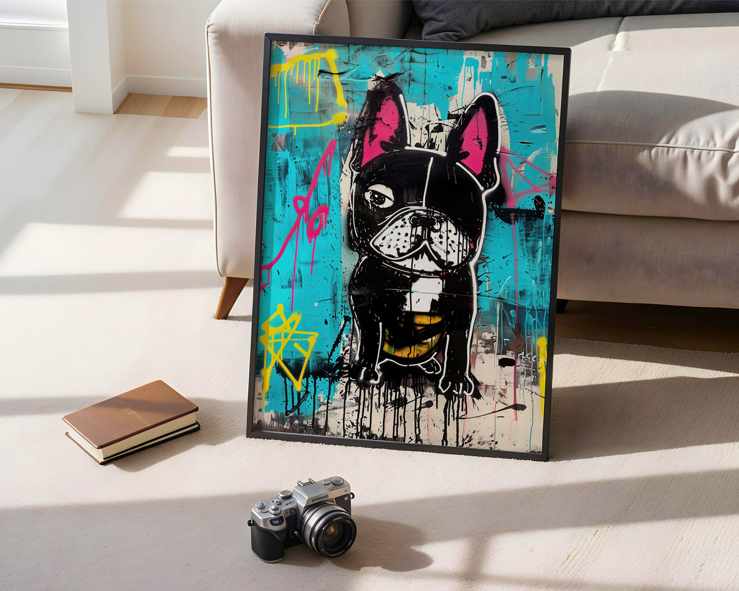 above sofa art print of a black dog with pink ears on a blue background, Banksy style dog print placed on a light-colored floor.
