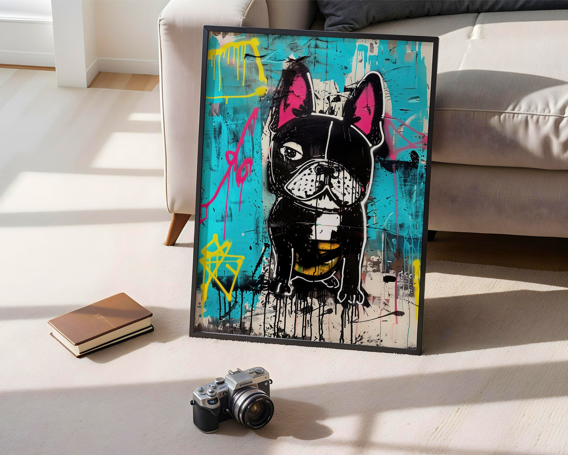 above sofa art print of a black dog with pink ears on a blue background, Banksy style dog print placed on a light-colored floor.