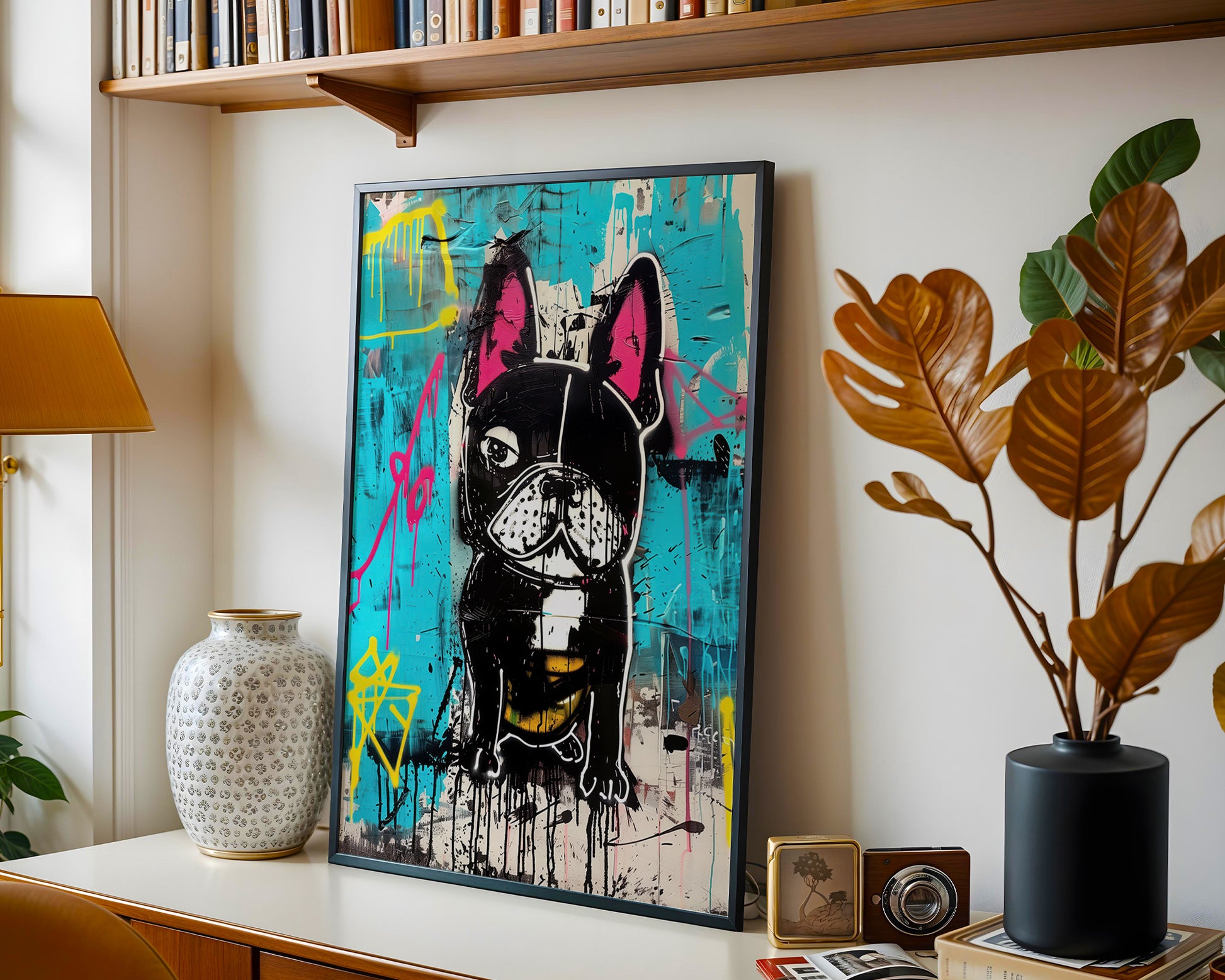 apartment wall art of a dog on a shelf with decorative items and plants.