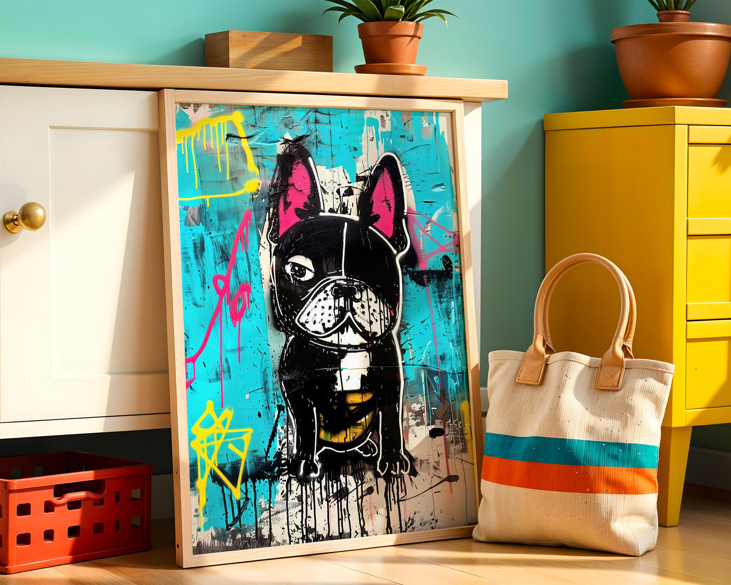 Framed studio flat decor of a black dog with pink ears on a colorful background, placed on a wooden surface with a yellow cabinet and decorative items in the background.