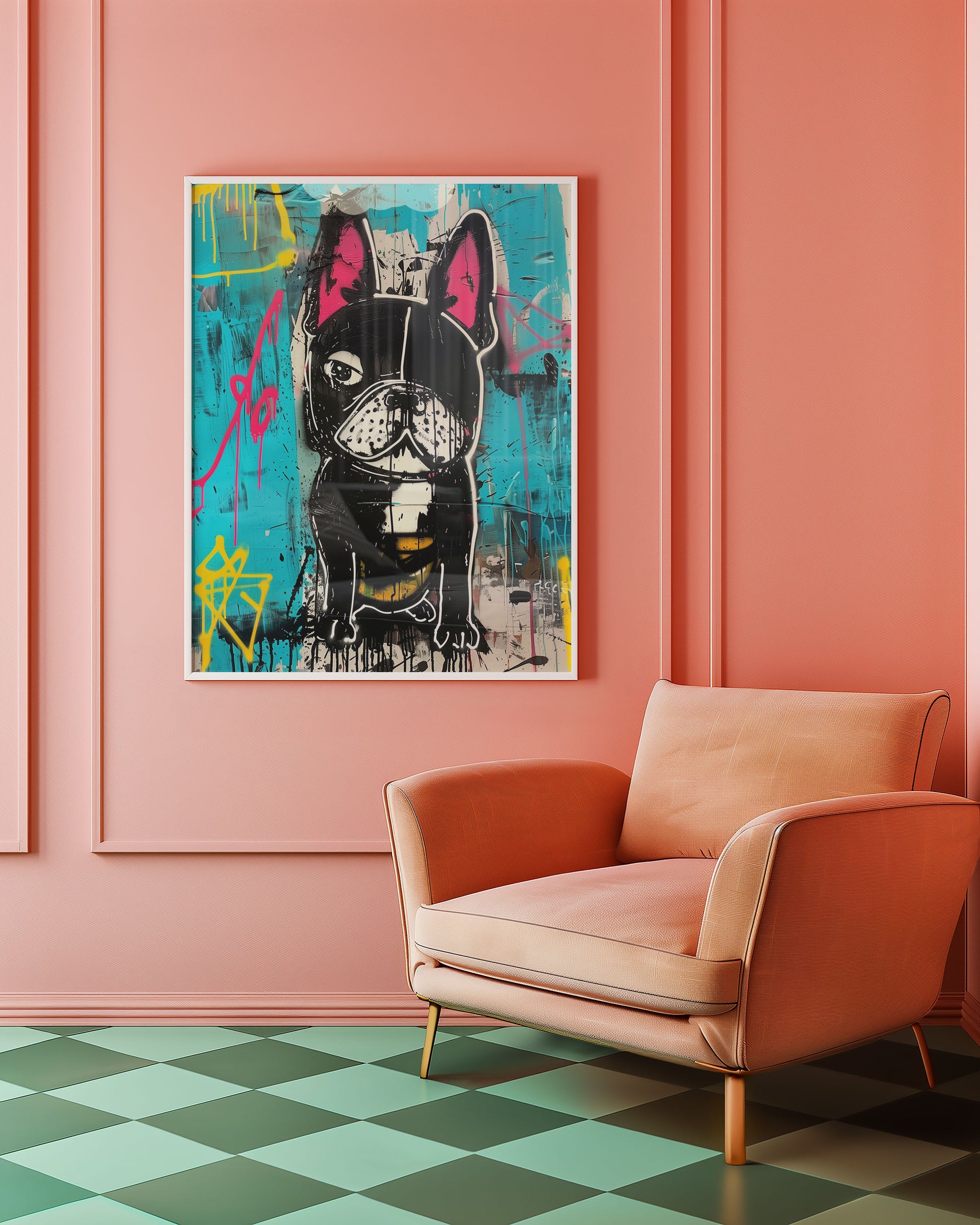 Colorful abstract painting of a dog on a pink wall above a pink armchair.