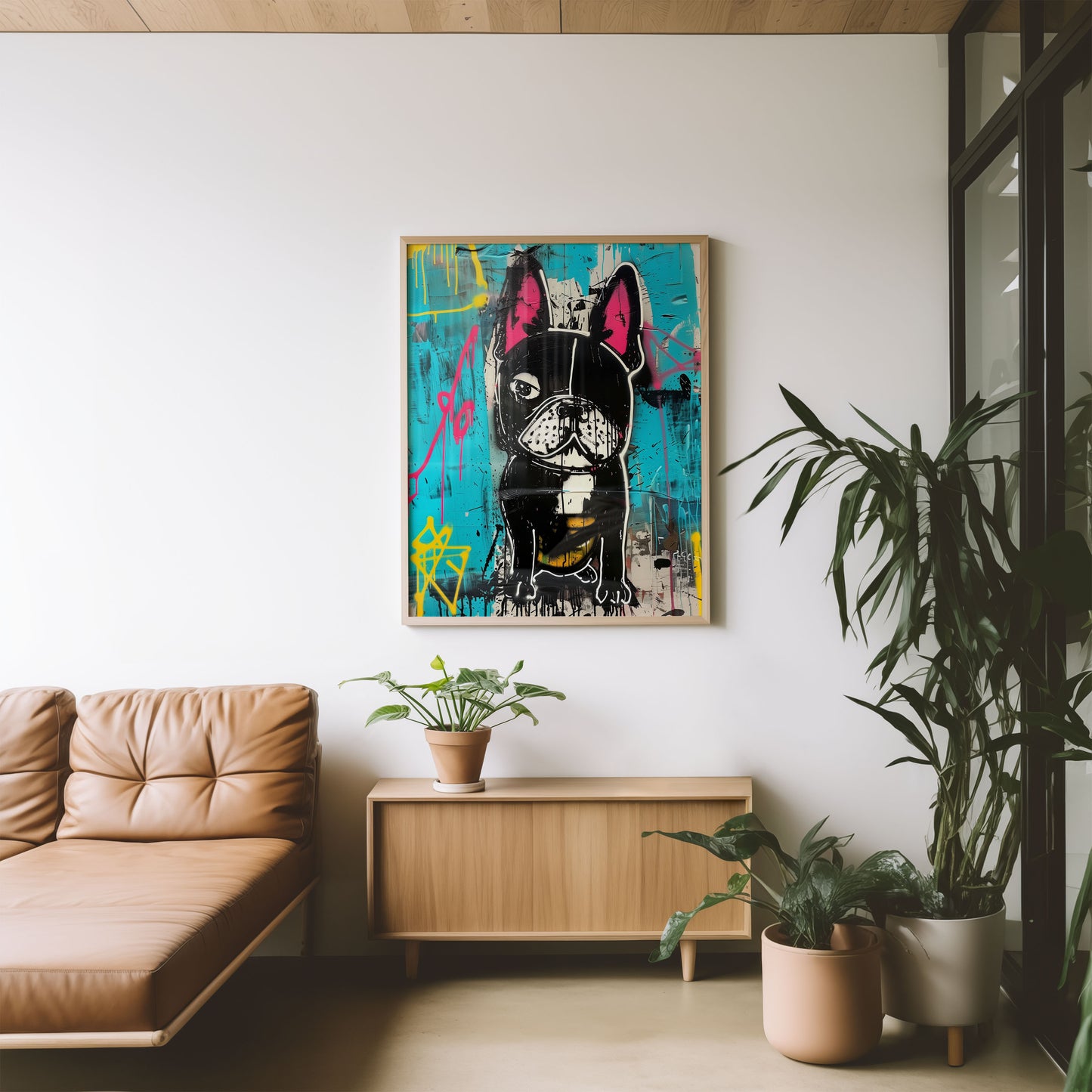 creative living room interior with a  Urban street art French bulldog illustration on the wall.