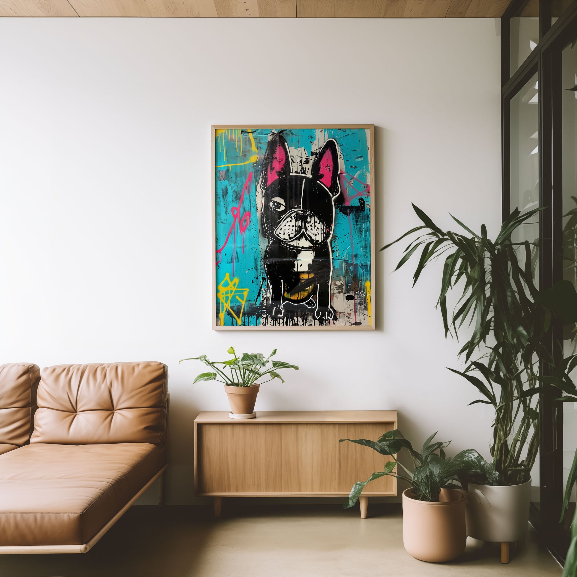 creative living room interior with a  Urban street art French bulldog illustration on the wall.
